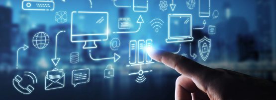 Businessman using tech devices and icons thin line interface Businessman on blurred background using tech devices and icons thin line interface